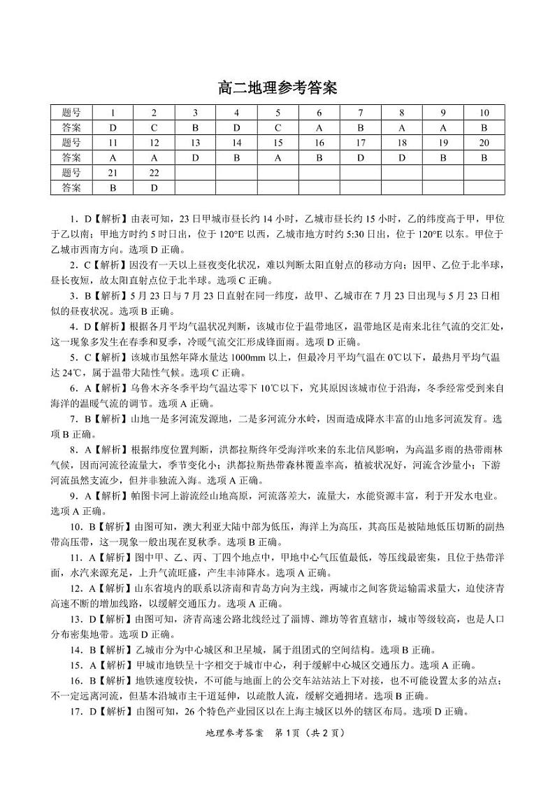 地理·高二期末江西卷参考答案第1页