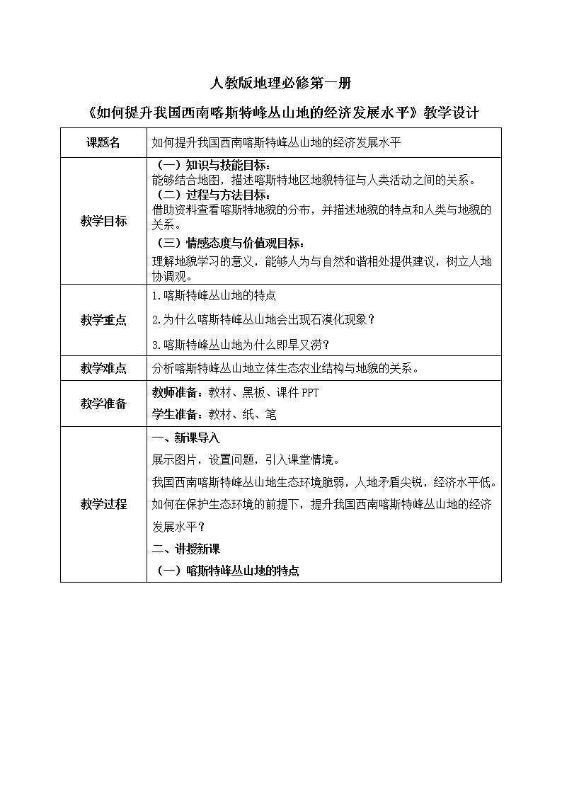 人教2019地理必修一第四章问题研究《如何提升我国西南喀斯特峰丛山地的经济发展水平》课件PPT+教案01