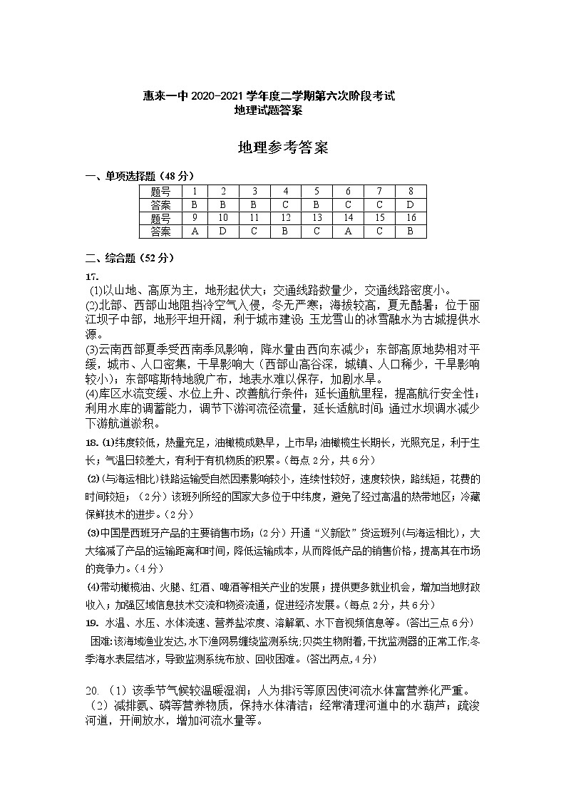2021惠来县一中高三下学期第六次阶段考试地理试题含答案第1页