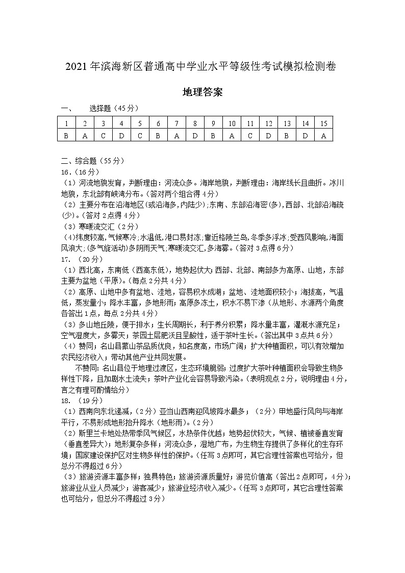 2021天津滨海新区高三下学期普通高中学业水平等级性考试模拟检测（三模）地理试题含答案01