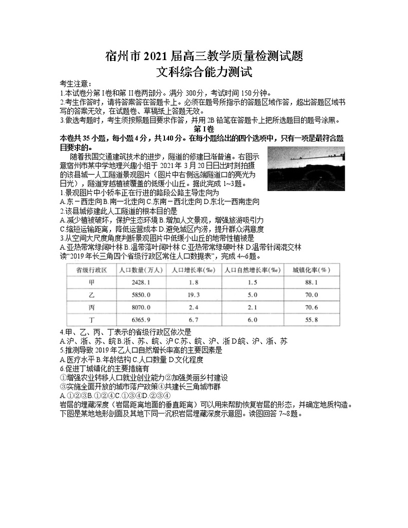 2021宿州高三下学期4月第三次模拟考试文科综合地理试题含答案01