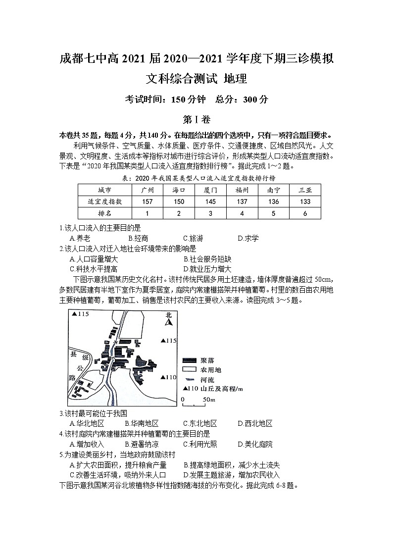 2021成都七中高三下学期5月三诊模拟考试文综地理试题含答案01