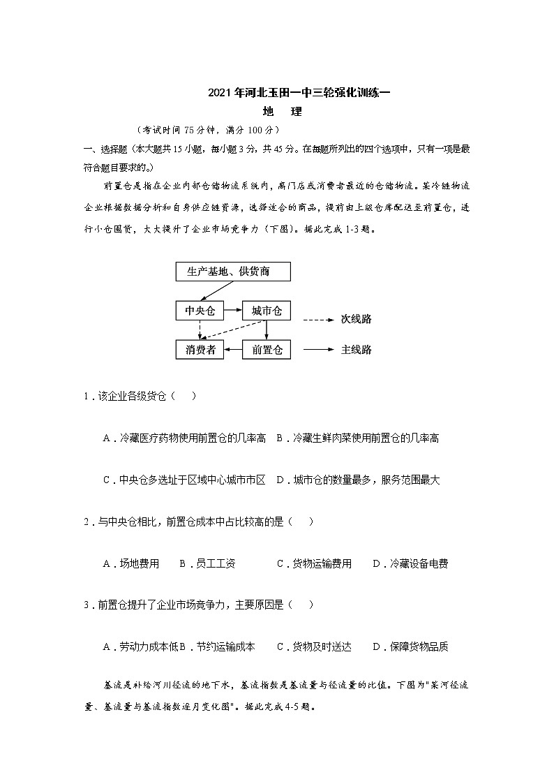 2021唐山玉田县一中高三下学期5月三轮强化训练（一）地理试题含答案第1页