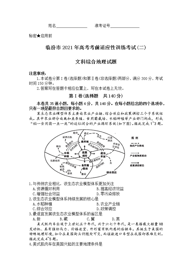 2021临汾高三下学期3月考前适应性训练考试（二）文科综合地理试题含答案第1页