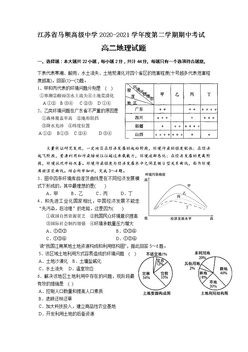 2021江苏省马坝高级中学高二下学期期中考试地理试题含答案01