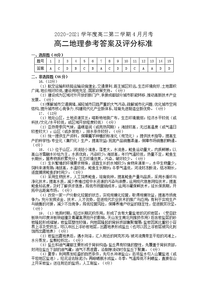 招远市第一中学2020-2021学年高二第二学期4月月考检测地理答案第1页