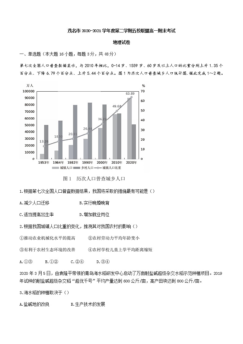 2021茂名五校联盟高一下学期期末考试地理试题含答案第1页