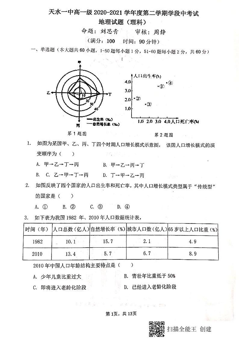 2021天水一中高一下学期期中考试地理（理科）试题PDF版含答案01