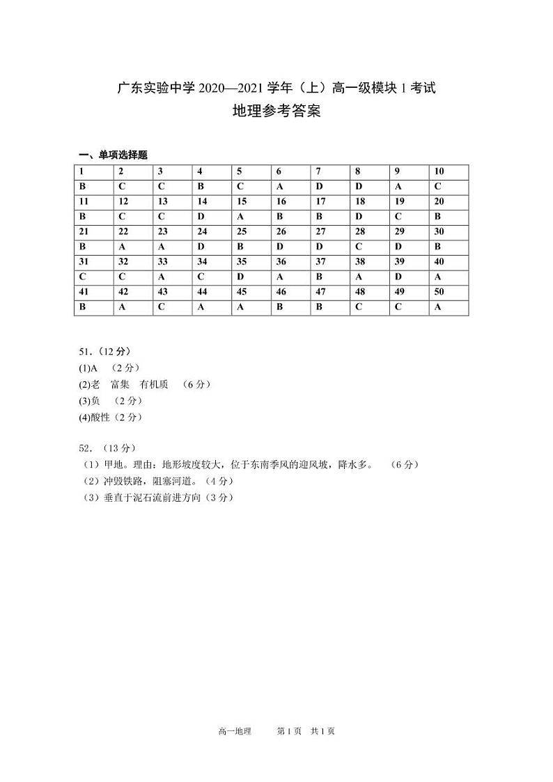2020学年（上）高一期末地理参考答案第1页