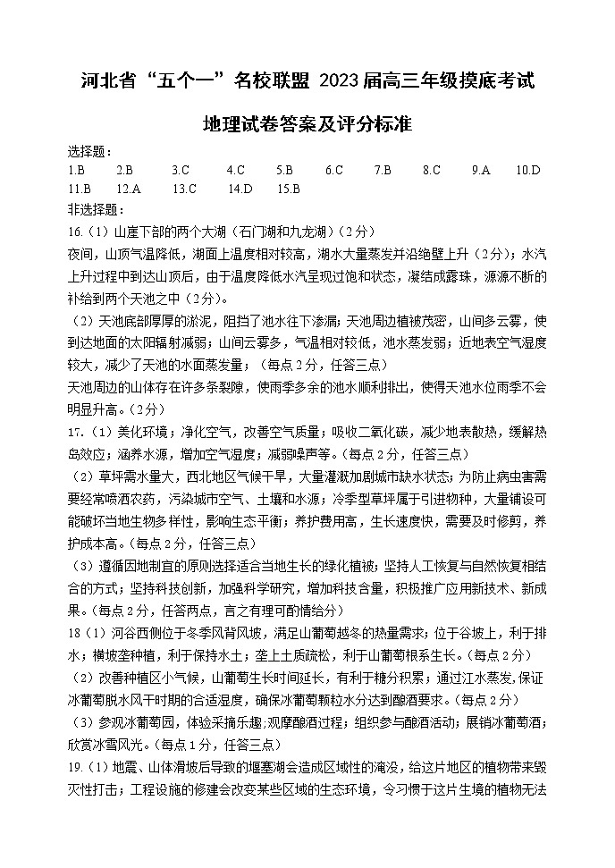河北省五个一名校联盟2023届高三年级摸底考试地理答案第1页