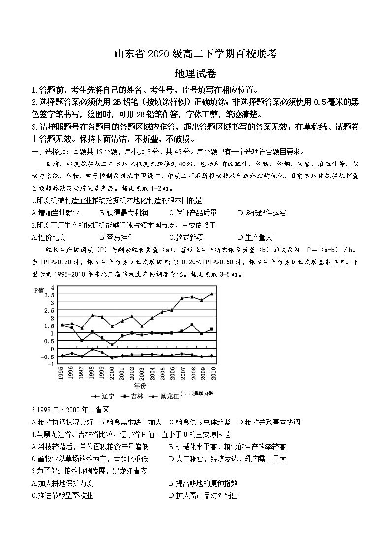 2022山东省百校联考高二下学期末考试地理试题（无答案）01