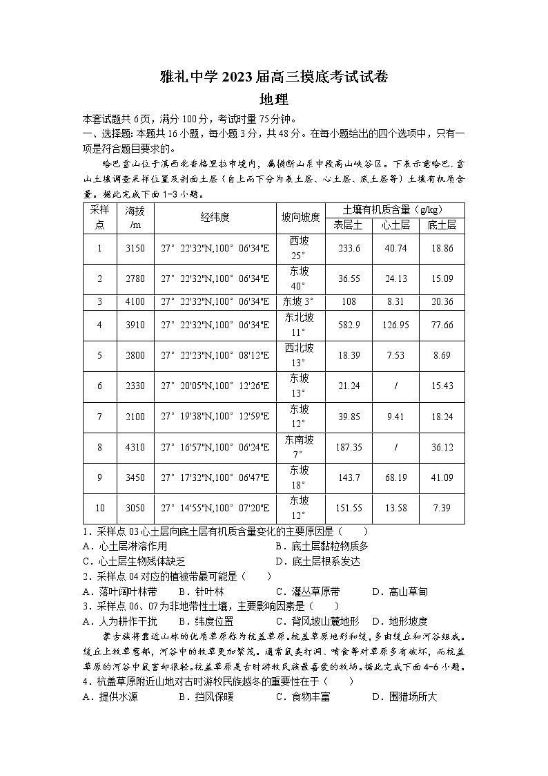 湖南省长沙市雅礼中学2021-2022学年高二下学期新高考第一次摸底考试地理试卷word版含答案01