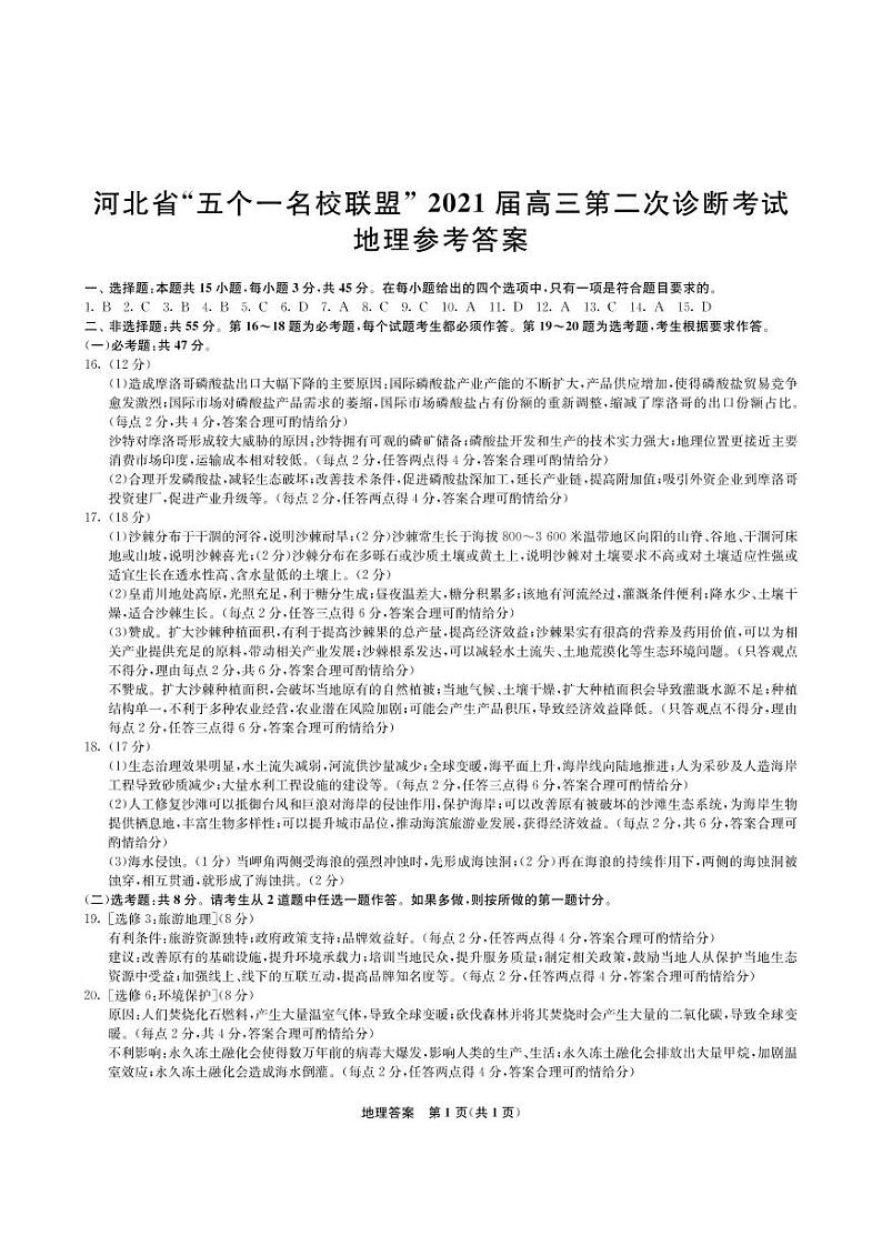 2021届河北省“五个一名校联盟”高三下学期高考二模地理试题 PDF版01