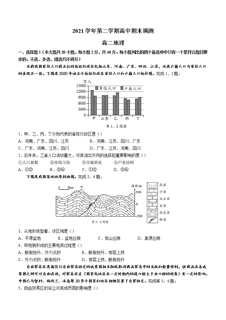 2022绍兴高二下学期期末考试地理含答案01