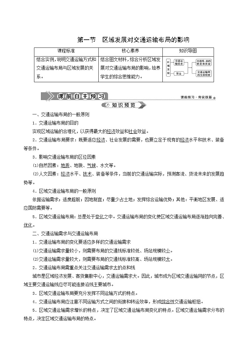 人教版高中地理必修第二册 第4章交通运输布局与区域发展第1节区域发展对交通运输布局的影响教案第1页