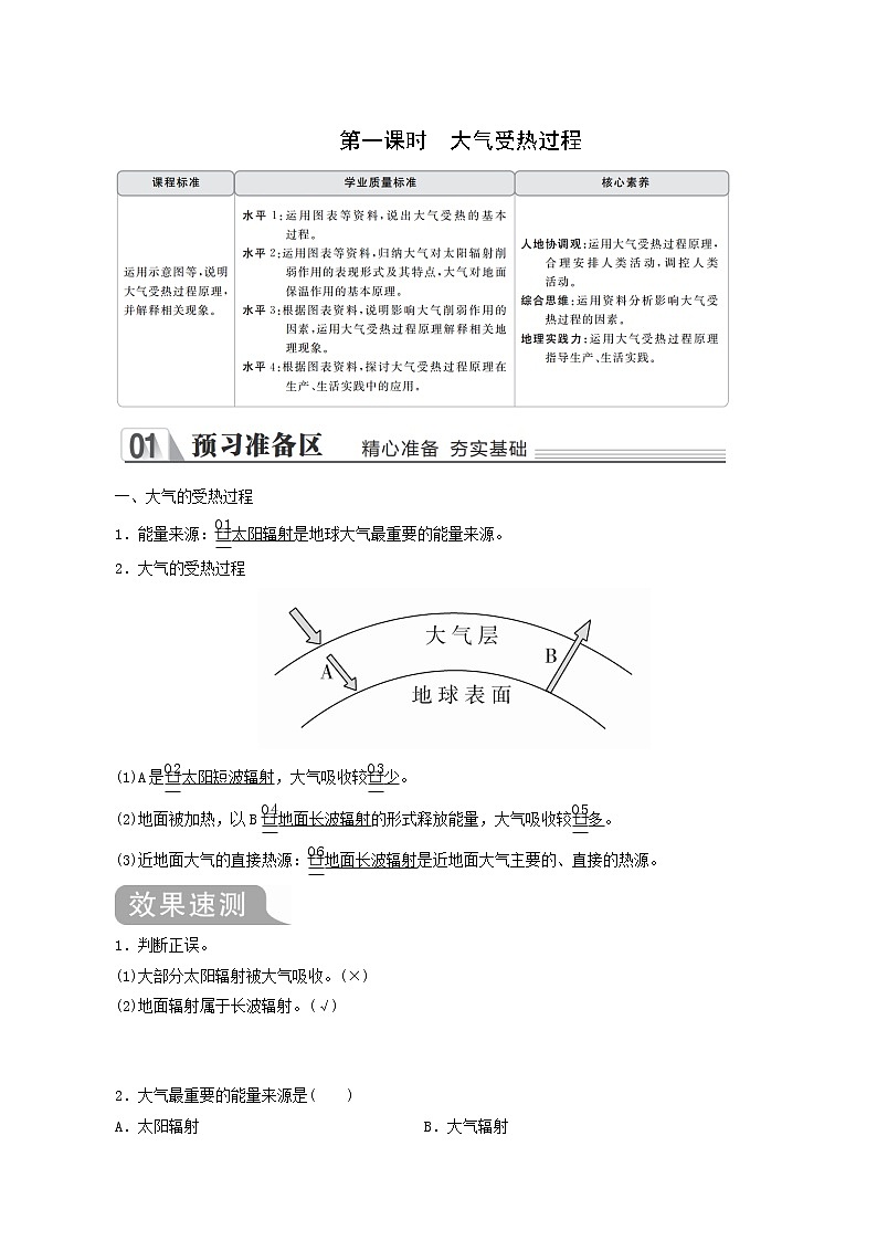 人教版高中地理必修第一册第2章地球上的大气第2节大气受热过程和大气运动第1课时大气受热过程学案01