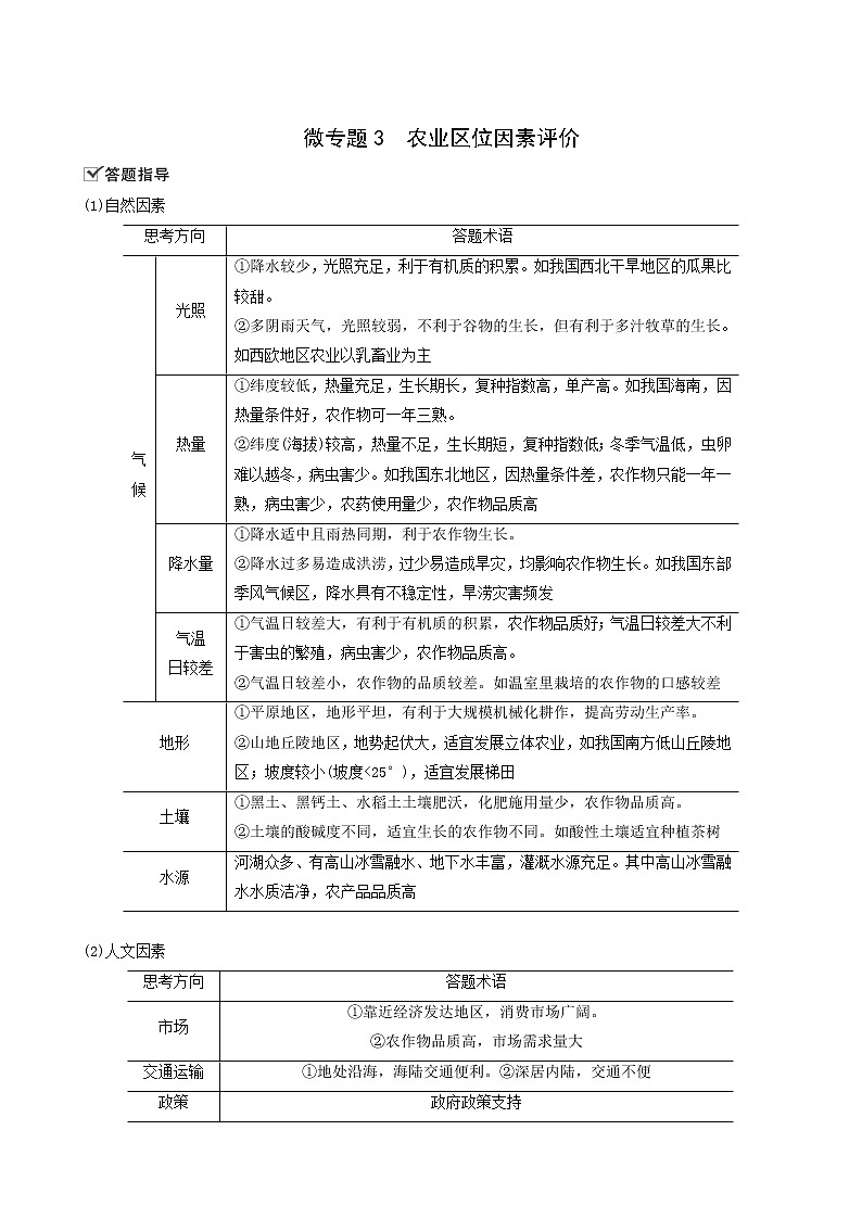 人教版高中地理必修第二册第3章产业区位因素微专题3农业区位因素评价含答案01