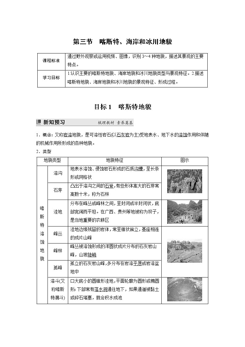 2022-2023学年湘教版2019高中地理必修1 第二章　第三节　喀斯特、海岸和冰川地貌（学案+课时对点练 word版含解析）01
