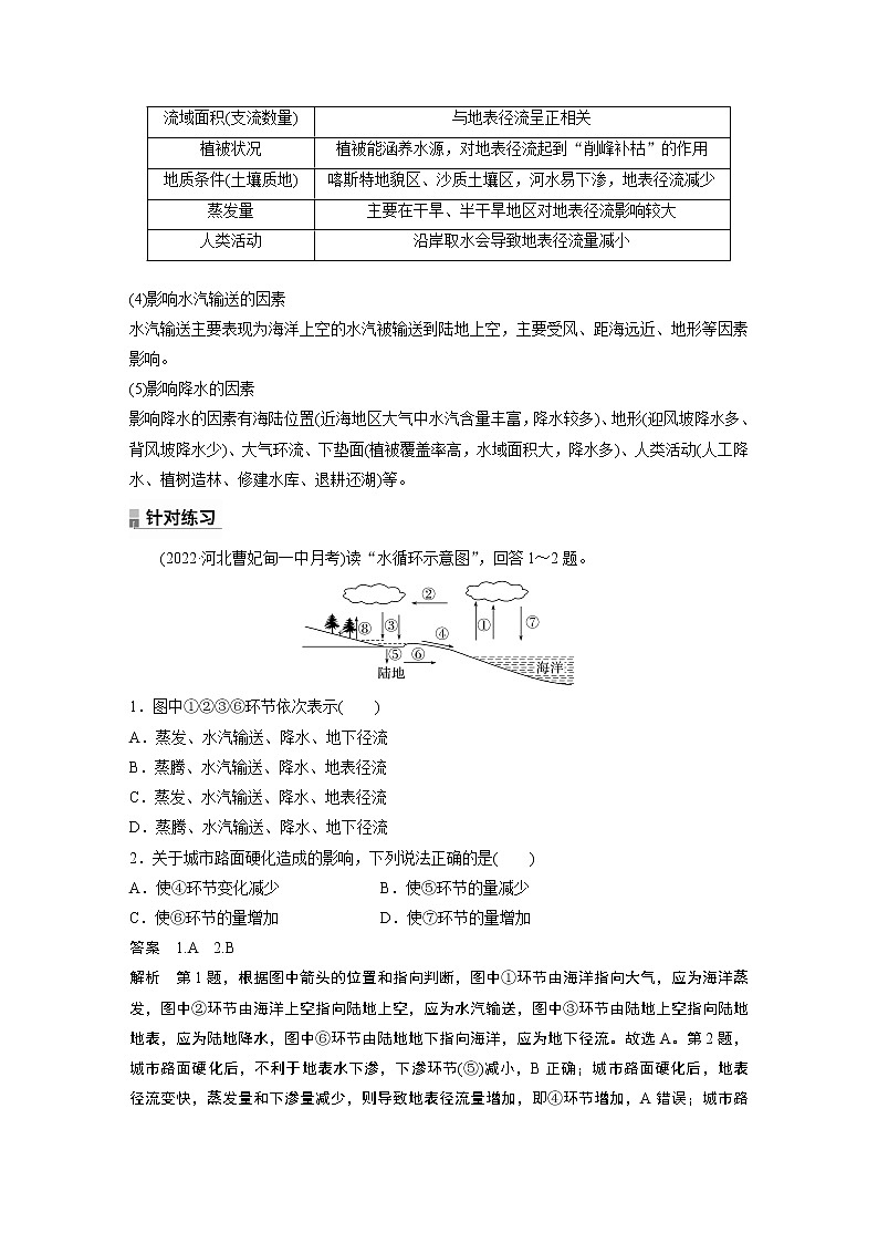 2022-2023学年湘教版2019高中地理必修1 第四章　第一节　微专题6　水循环示意图的判读（学案+课时对点练 word版含解析）02