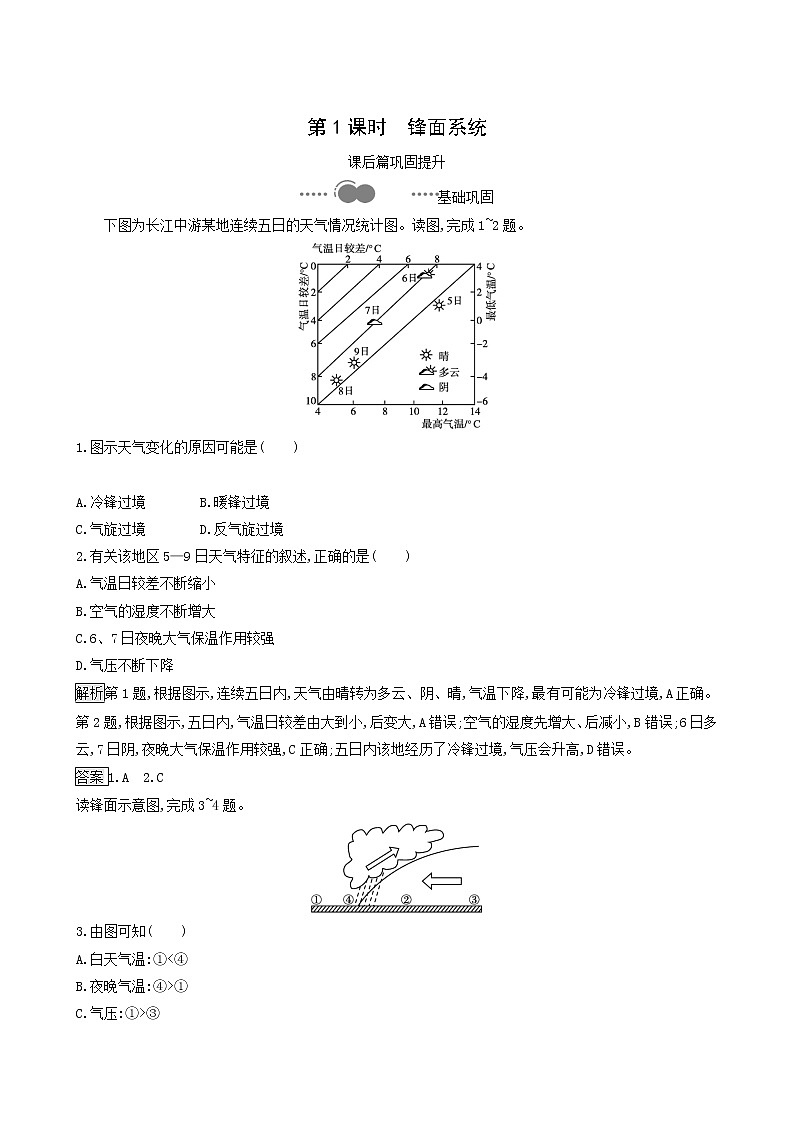 湘教版高中地理选择性必修1第3章大气的运动第3节第1课时锋面系统同步习题含解析第1页