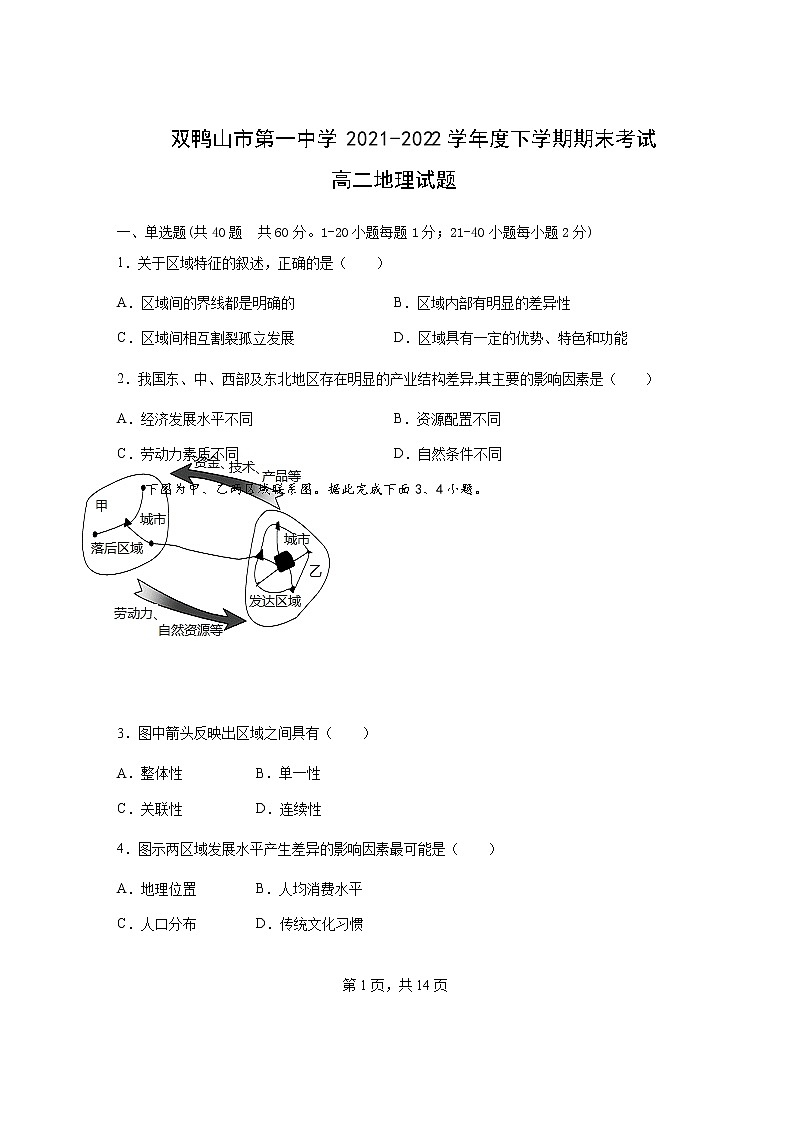 2021-2022学年黑龙江省双鸭山市第一中学高二下学期期末考试地理试题01