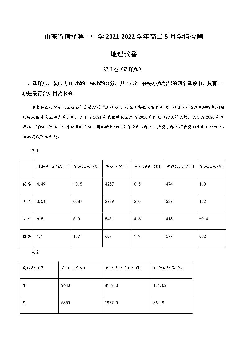 2021-2022学年山东省菏泽第一中学高二5月学情检测地理试题Word版含答案01