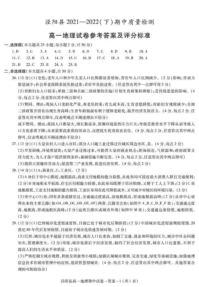 2021-2022学年陕西省咸阳市泾阳县高一下学期期中质量检测地理试题PDF版含答案01