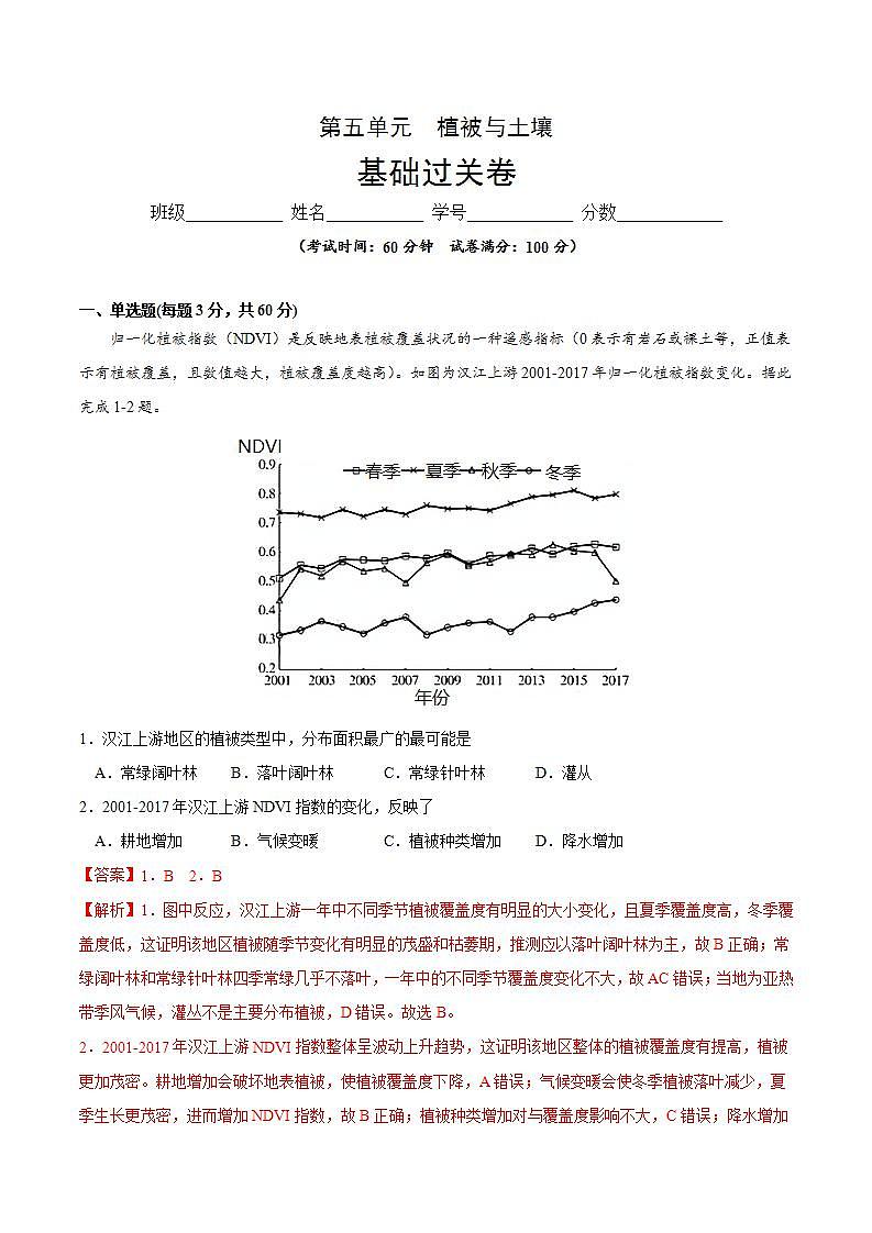 第五章 植被与土壤（基础过关）-2020-2021学年高一地理单元测试定心卷（新教材人教版必修1）（解析版）01