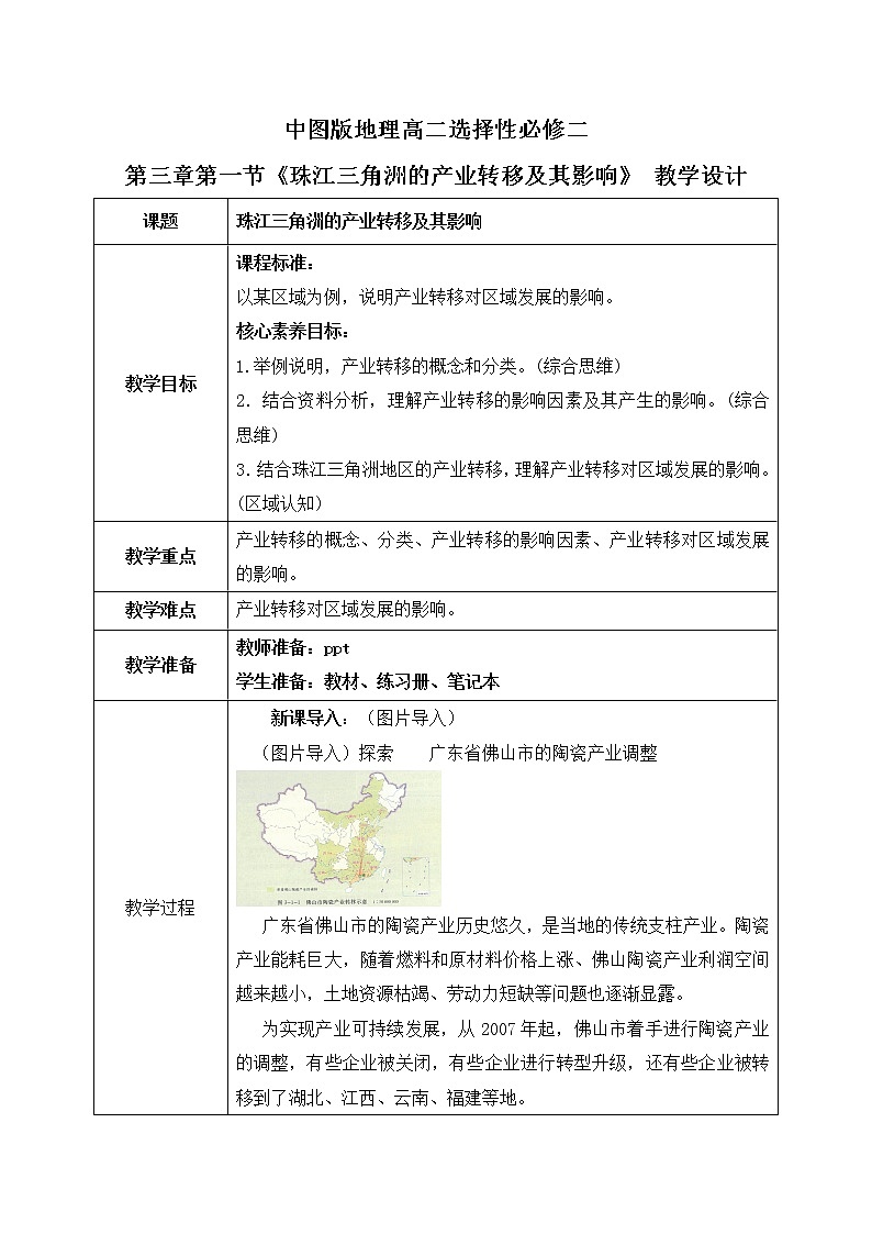 3.1  珠江三角洲的产业转移及其影响 课件+教学设计01