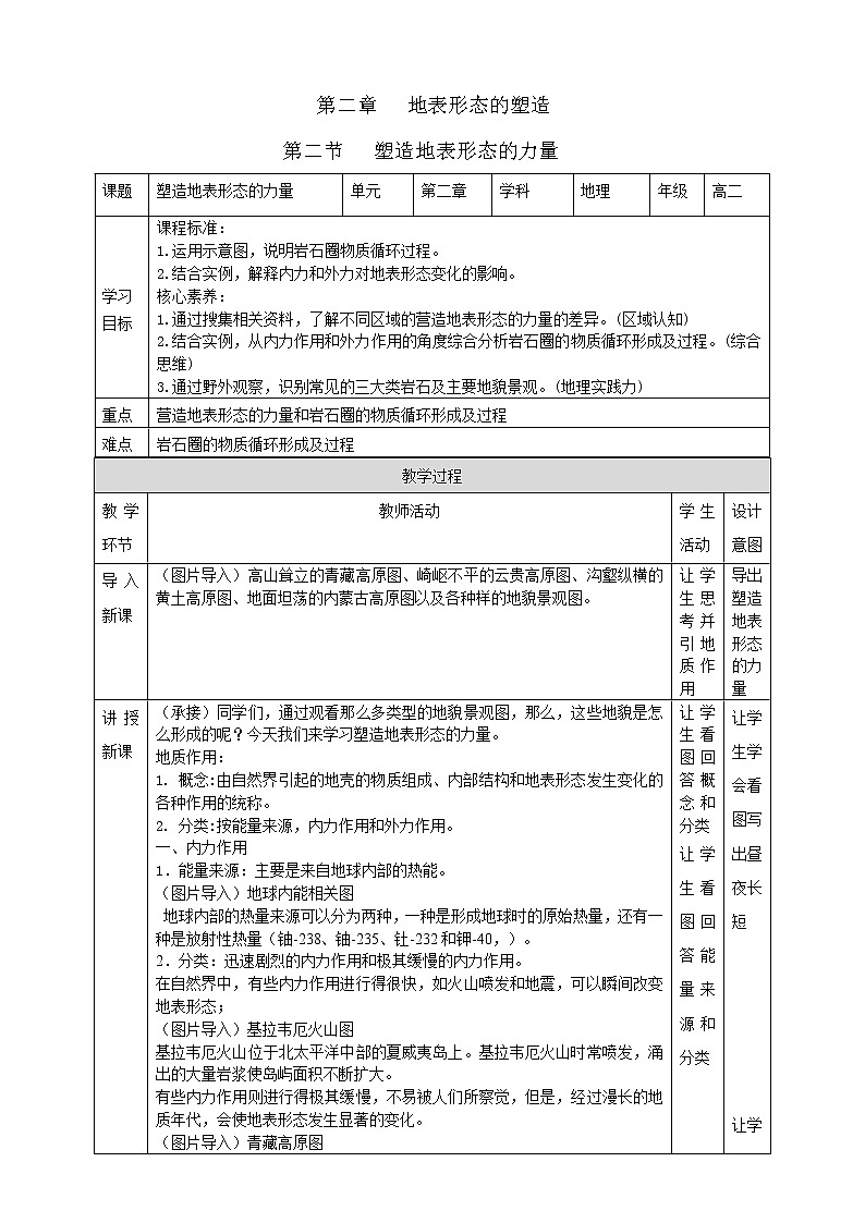 高中地理选择性必修一 2.1塑造地表形态的力量教学设计01
