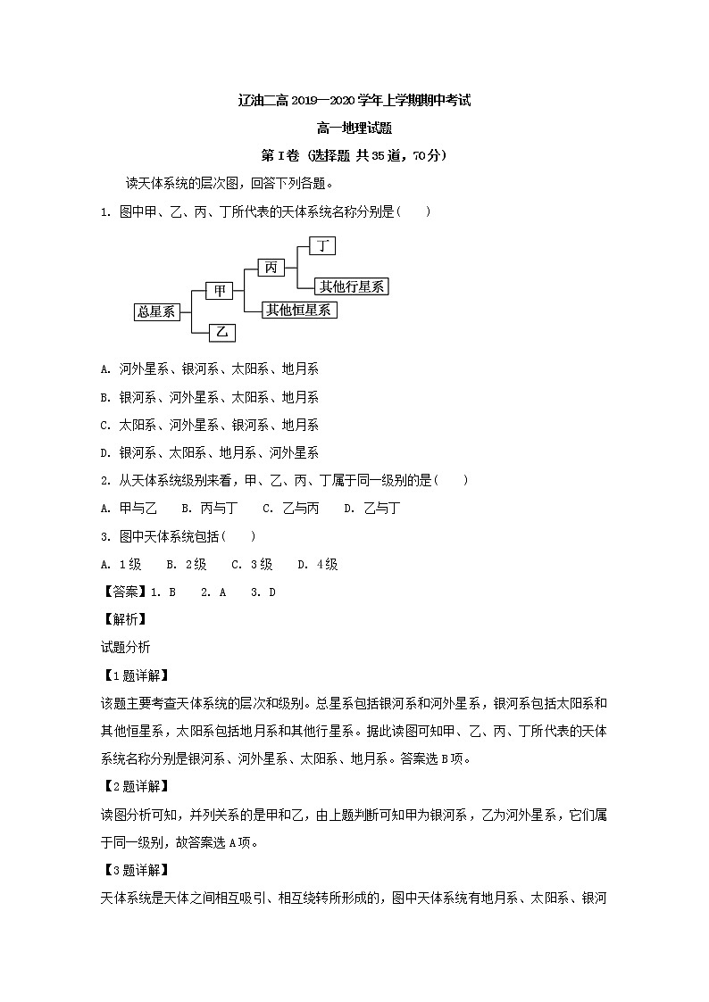 高中地理必修一 20192020学年辽宁省辽河油田第二高级中学高一上学期期中考试试题 Word版含解析01