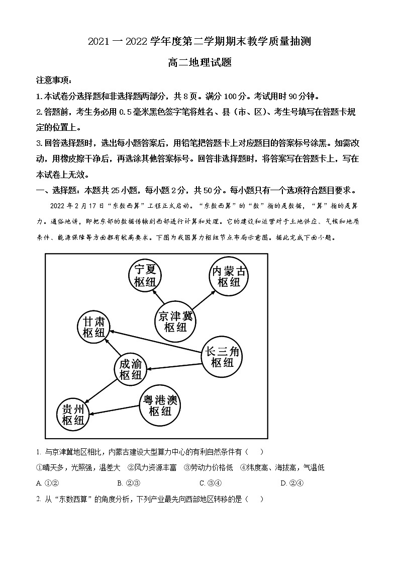 精品解析：山东省聊城市2021-2022学年高二下学期期末地理试题（原卷版）第1页