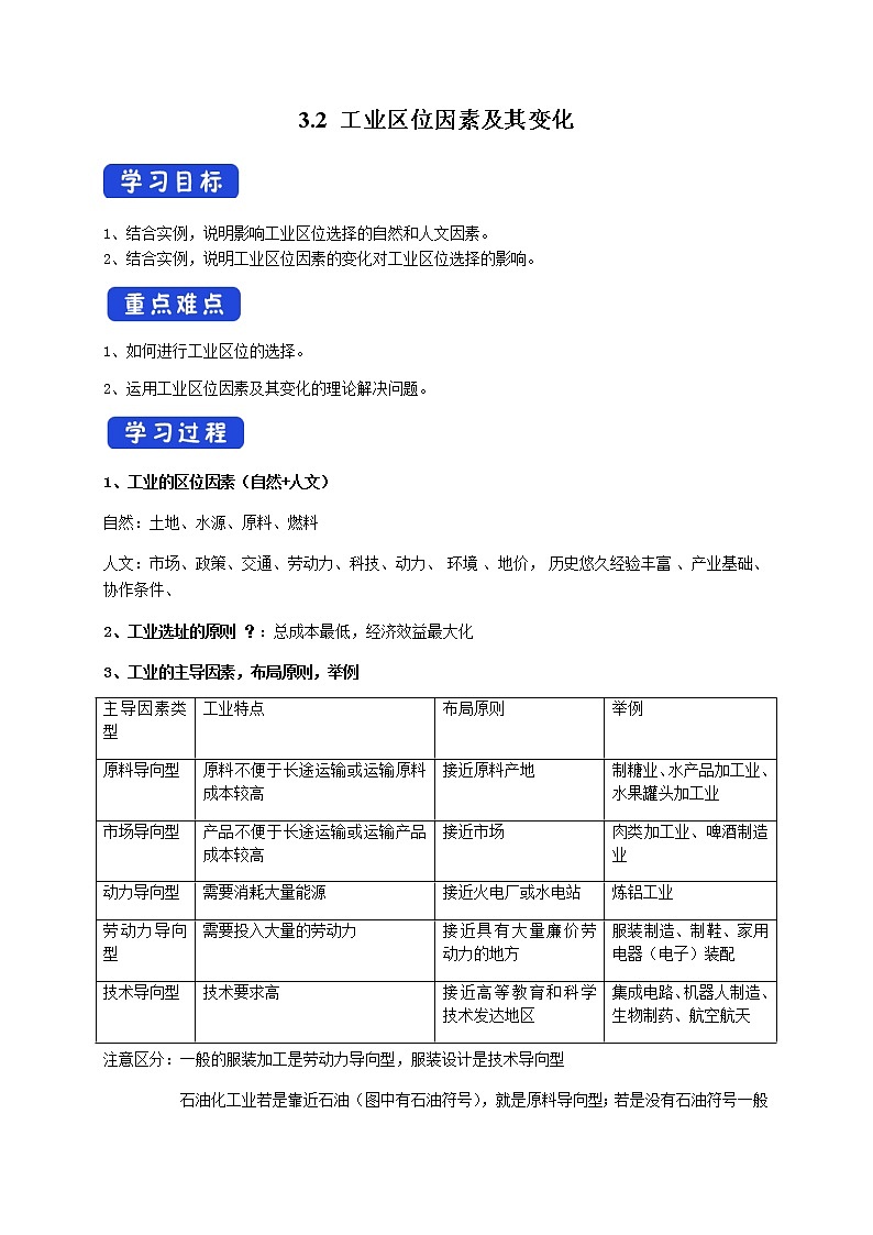 3.2 工业区位因素及其变化（导学案）-高一地理下学期（人教版2019必修第二册）第1页