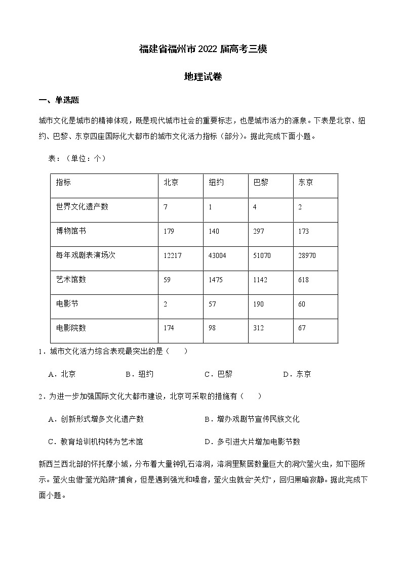 2022届福建省福州市高考三模地理试卷含解析01