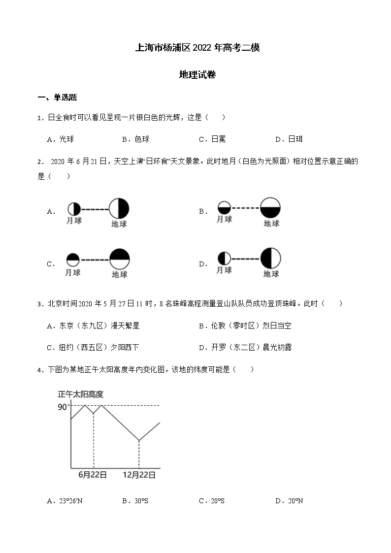 2022届上海市杨浦区高考二模地理试卷含解析第1页