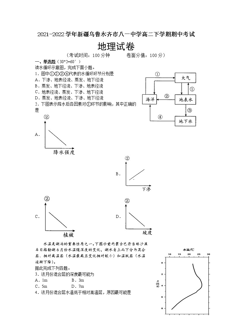 2021-2022学年新疆乌鲁木齐市八一中学高二下学期期中考试地理试题第1页