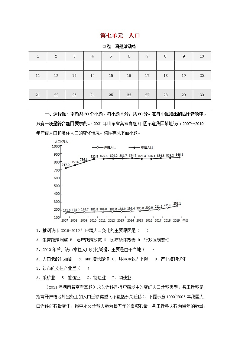 2023届高考地理一轮复习双优单元滚动双测卷人口B卷01