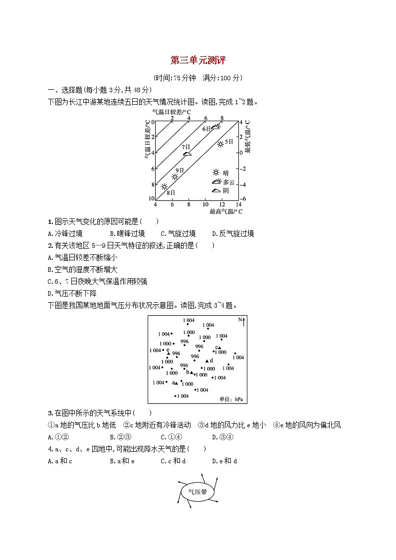 2022_2023学年新教材高中地理第三单元大气变化的效应测评试题鲁教版选择性必修1第1页