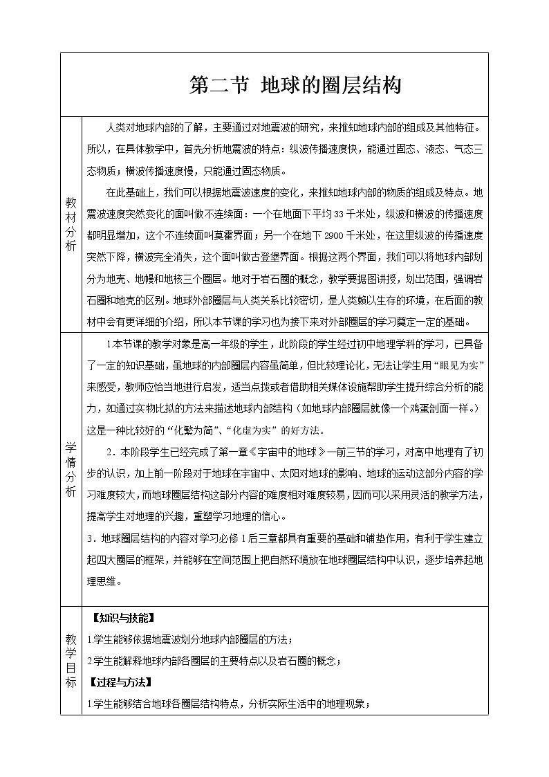 1.2地球的圈层结构教案（第一课时）（表格式）01