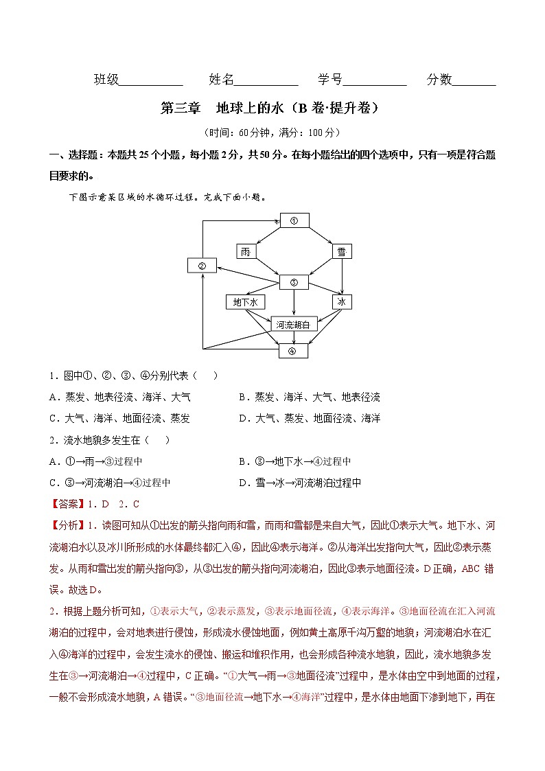 第3章  地球上的水（提升卷）-2024-2025学年高一地理上学期同步课堂单元双测卷（人教版2019必修第一册）01