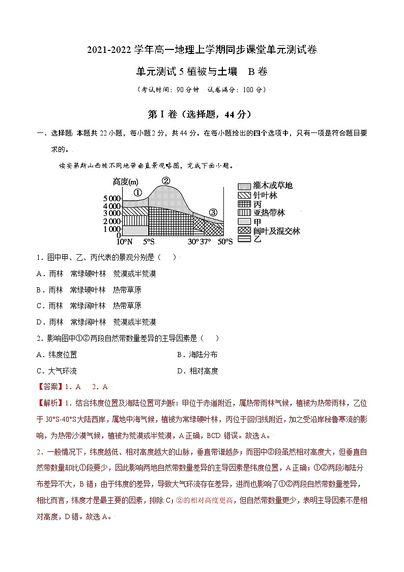 单元测试5植被与土壤 B卷-2022-2023学年高一地理同步单元AB卷（人教版2019必修第一册）01