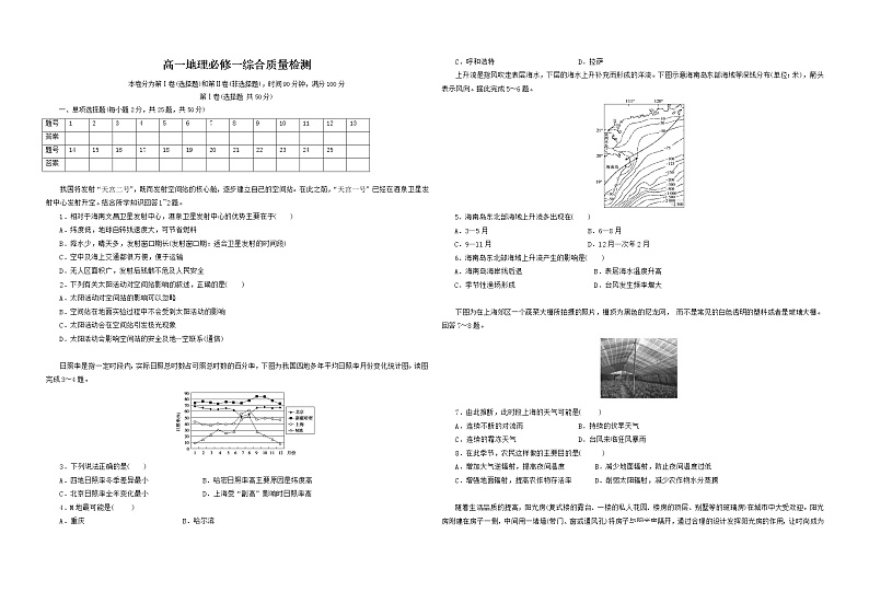 期末综合检测试题-2022-2023学年高中地理人教版（2019）必修第一册01