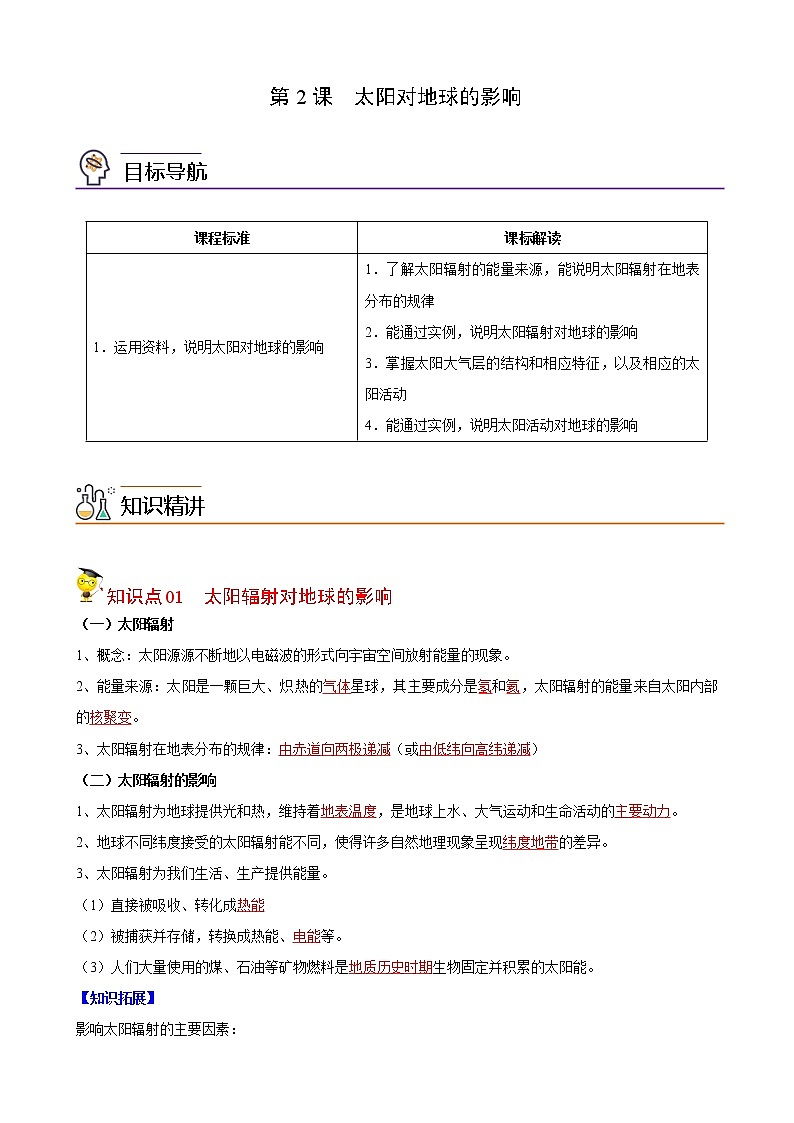 高中地理必修一 1.2太阳对地球的影响（含答案）第1页