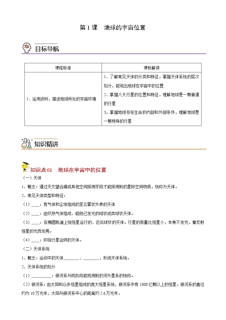 高中地理必修一 1.1地球的宇宙环境（无答案） 试卷01