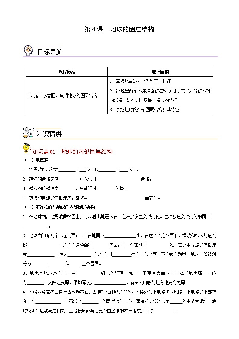 高中地理必修一 1.4地球的圈层结构（无答案）第1页