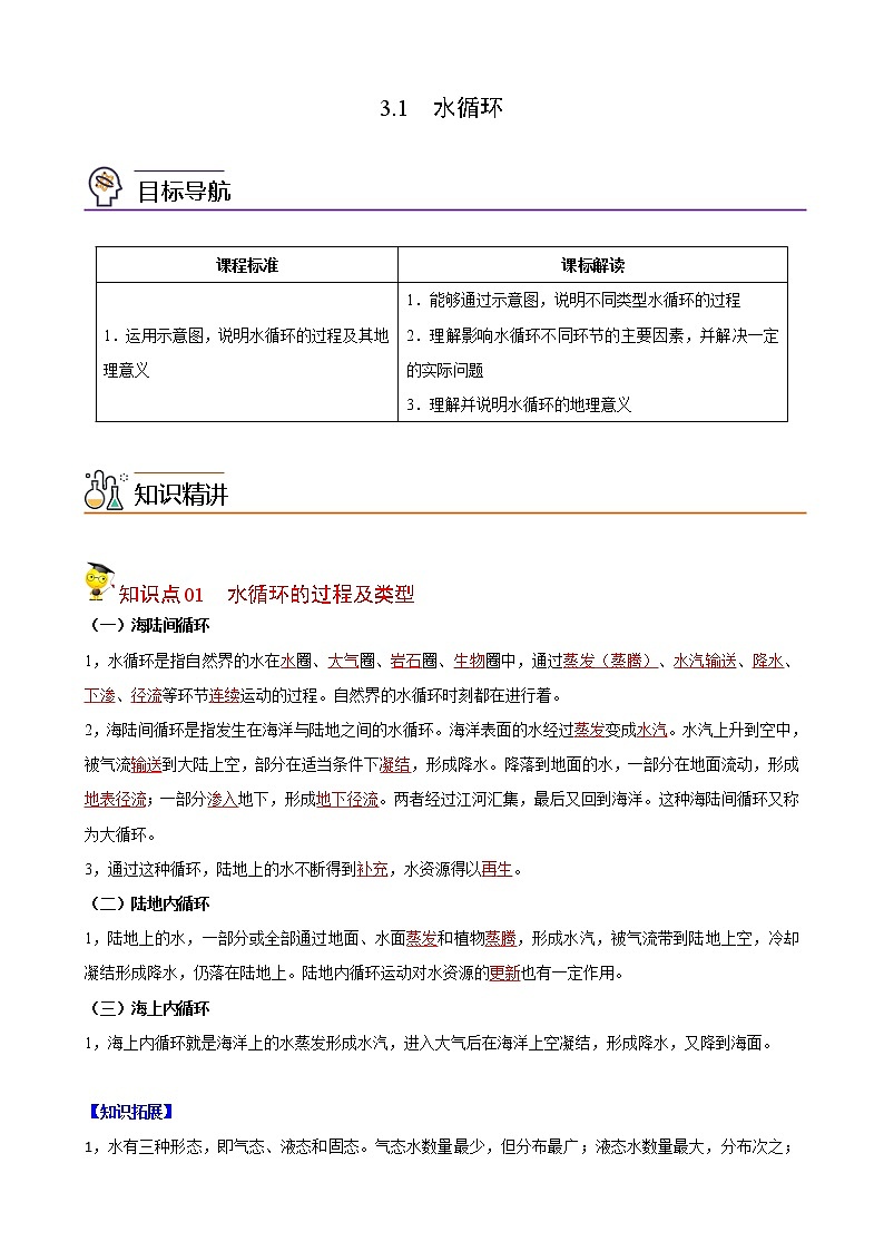 高中地理必修一 3.1 水循环（含答案） 试卷01