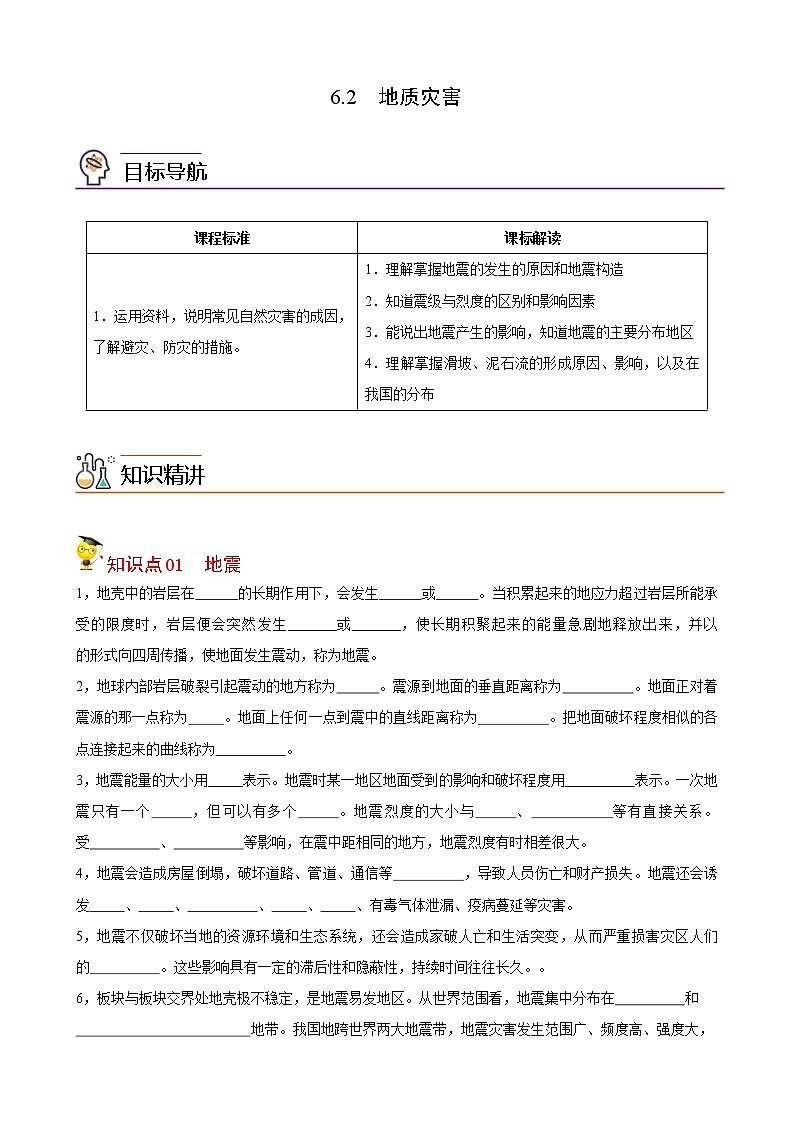 高中地理必修一 6.2 地质灾害（无答案） 试卷01