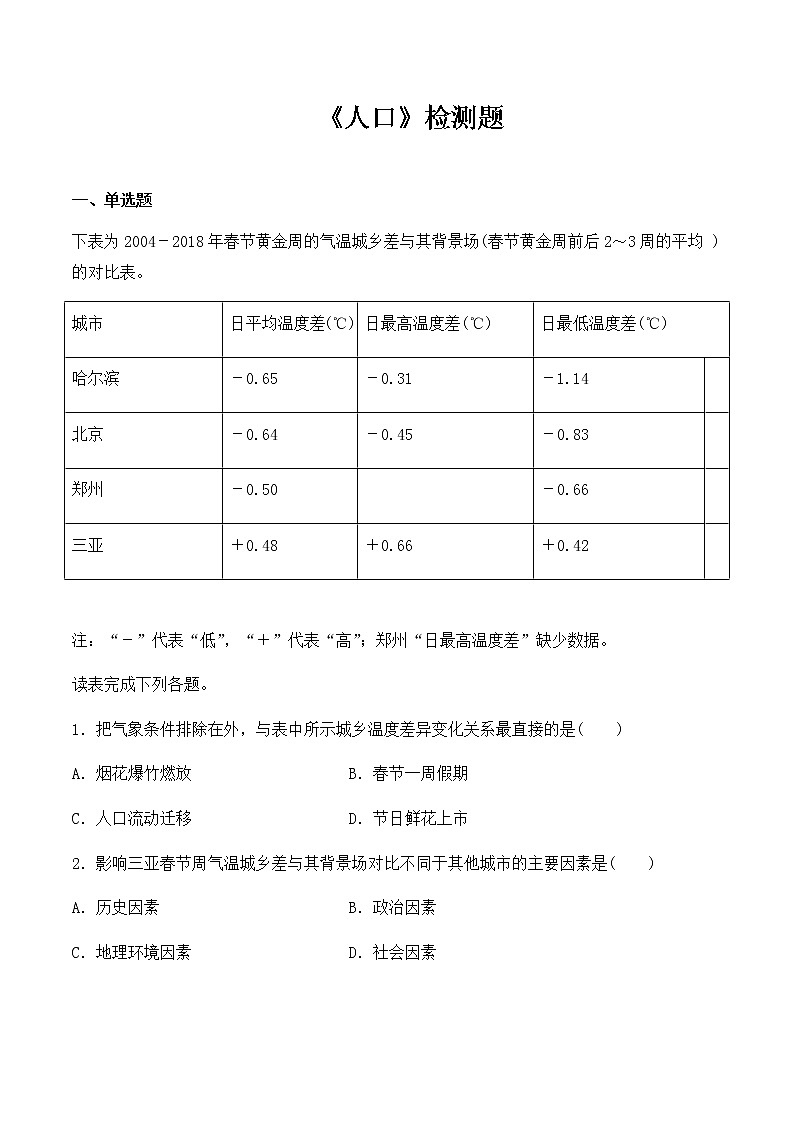 高中地理必修二 第一章《人口》检测题（含答案）01