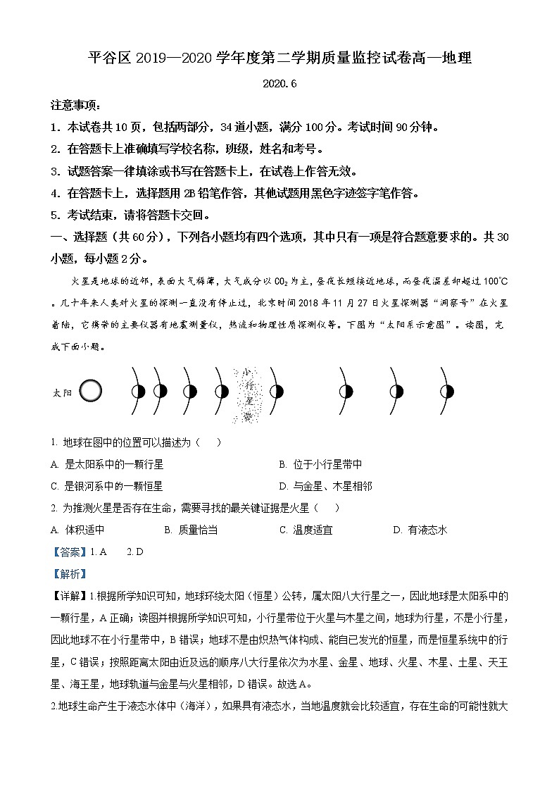高中地理必修二 精品解析北京市平谷区2019-2020学年高一下学期期末试题（含答案）第1页