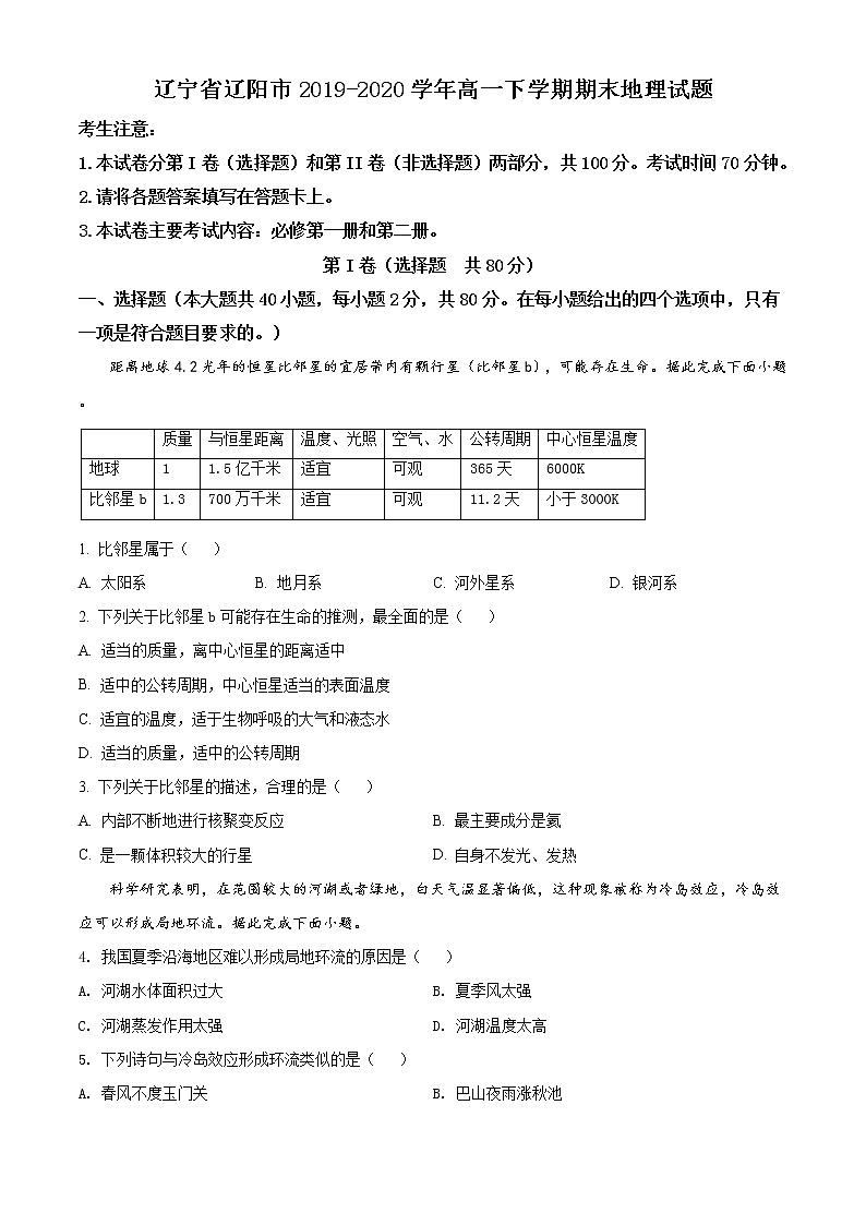 高中地理必修二 精品解析辽宁省辽阳市2019-2020学年高一下学期期末试题（无答案）01